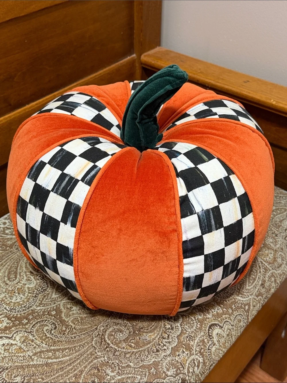 MacKenzie-Childs Courtly Check Pumpkin Pillow Cotton and Velvet